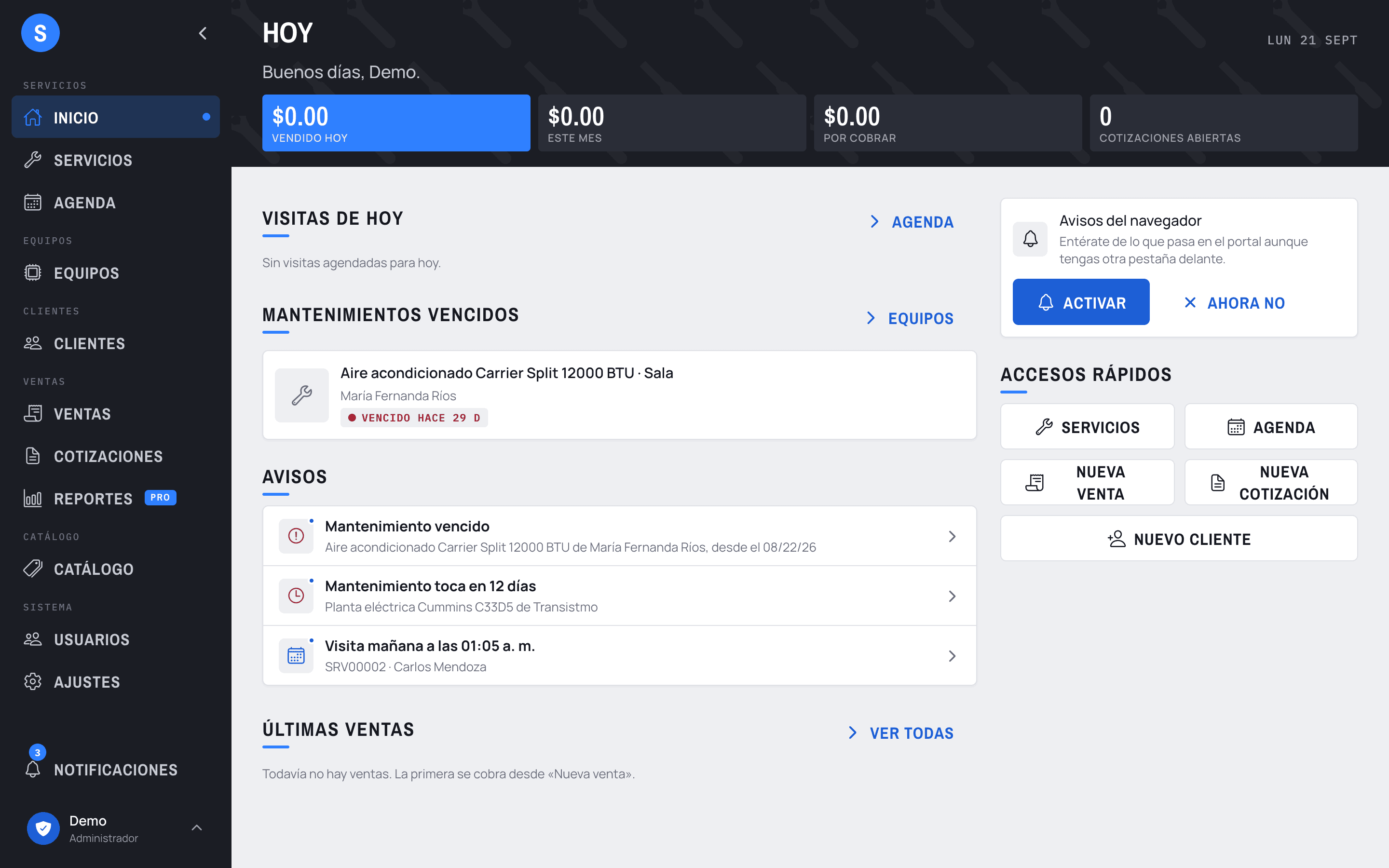 Inicio de ServiDiario: visitas de hoy, servicios en proceso y mantenimientos vencidos